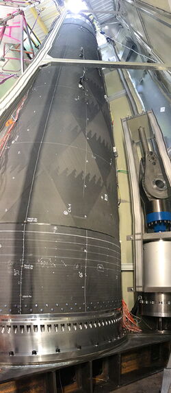 CFK booster during test preparations in the testing pit at MT Aerospace AG